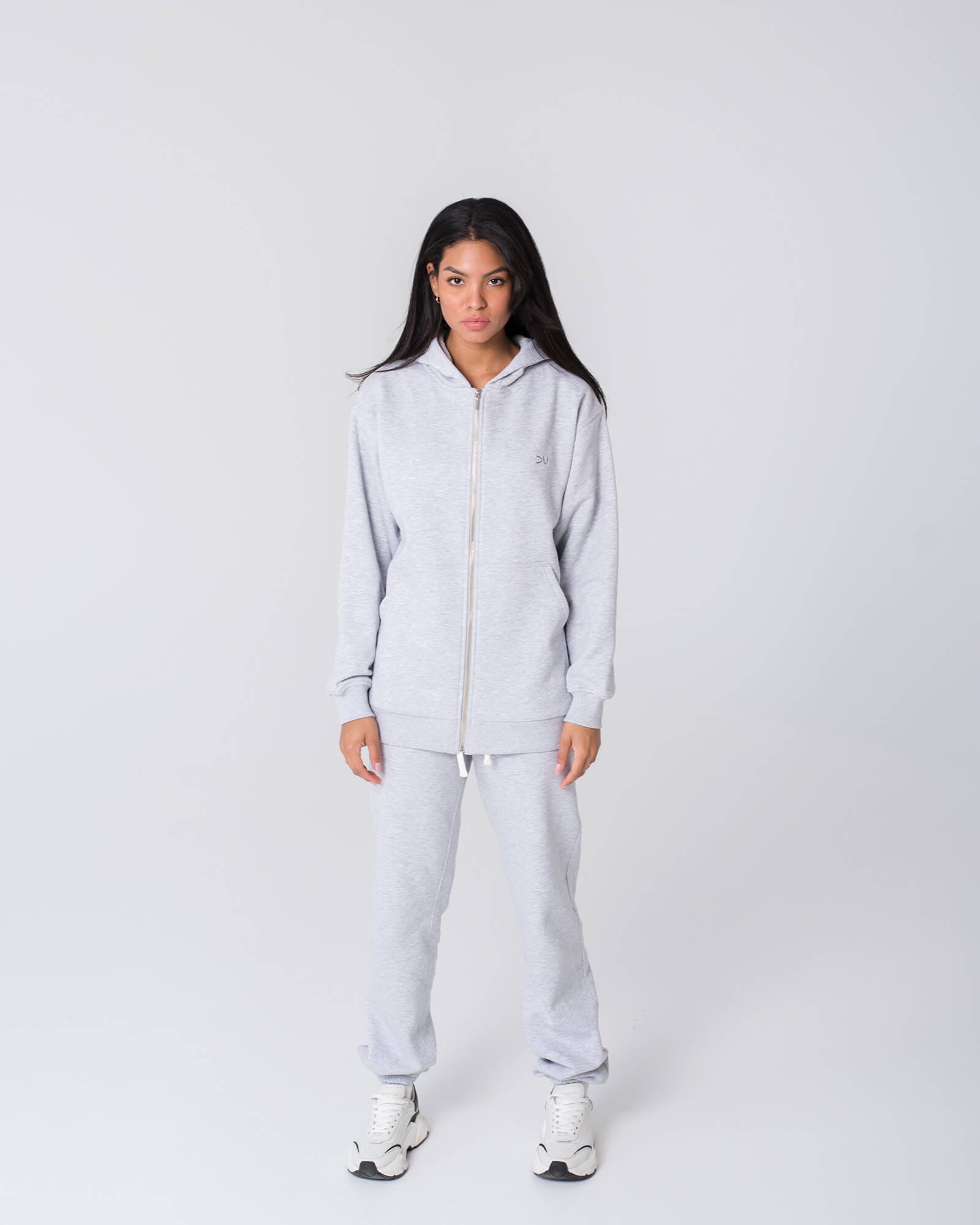 ilgas pilkos spalvos džemperis su užtrauktuku moterims