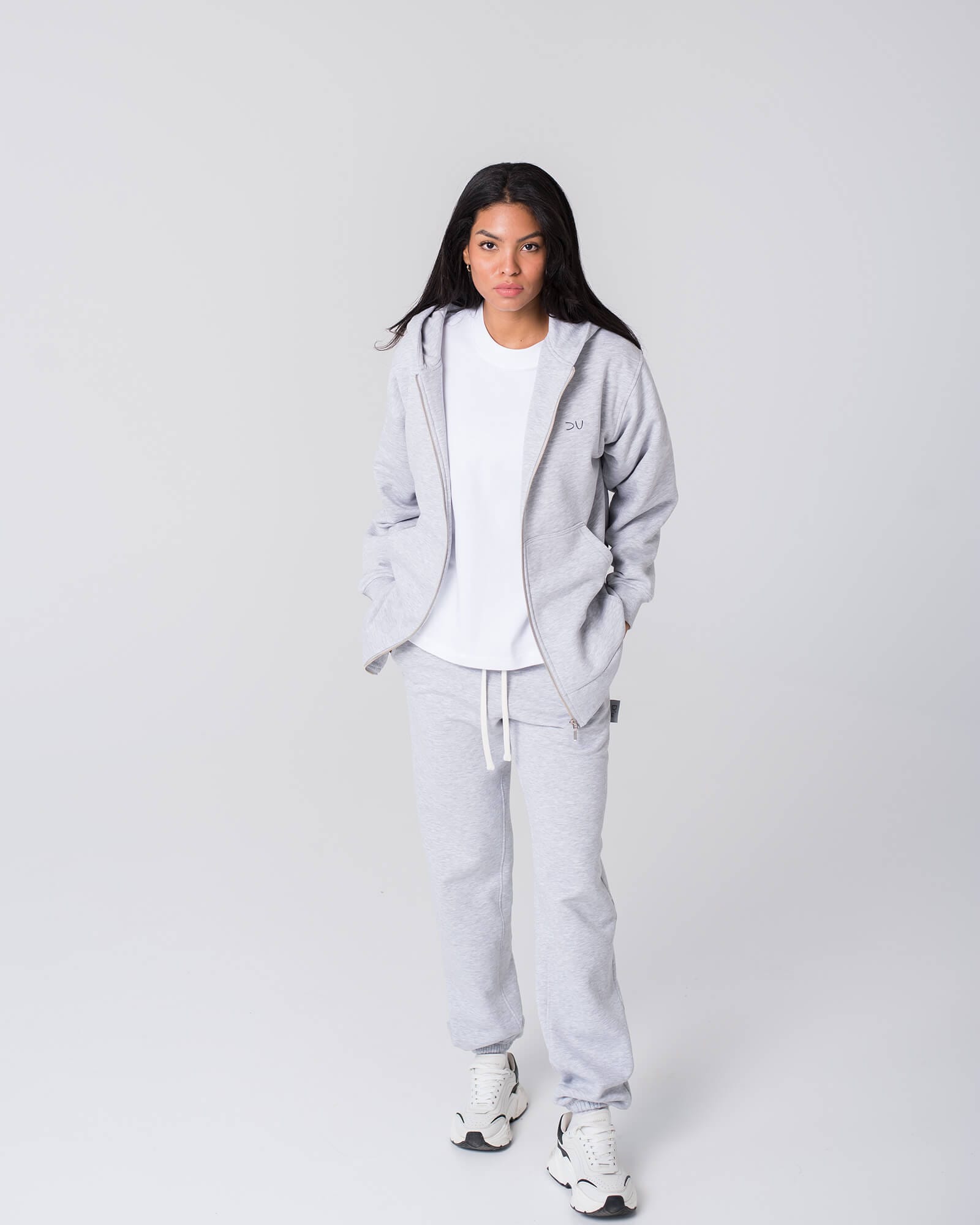 Ilgas džemperis su užtrauktuku ir gobtuvu / Pilkas - Image 5