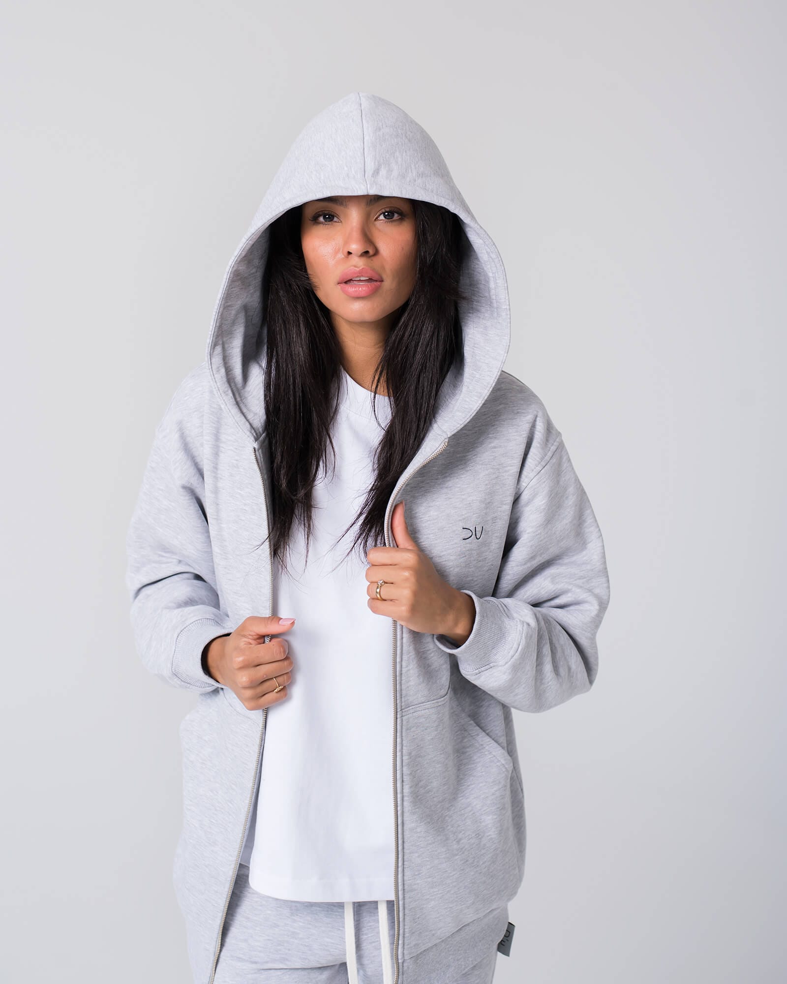 Ilgas džemperis su užtrauktuku ir gobtuvu / Pilkas - Image 2