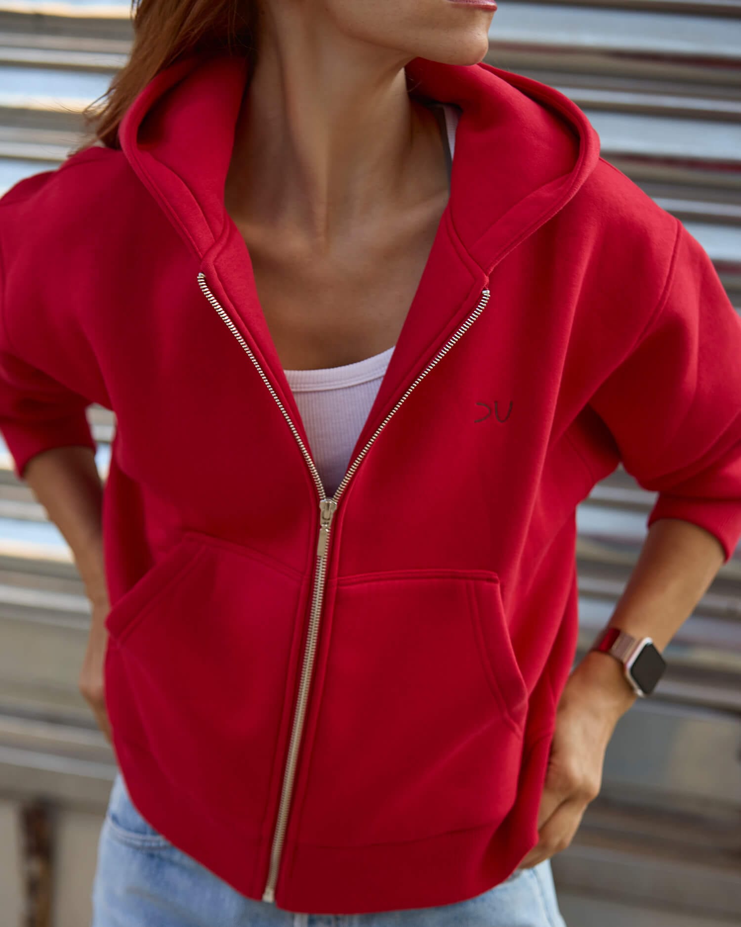 Džemperis su užtrauktuku ir gobtuvu / Raudonas - Image 5